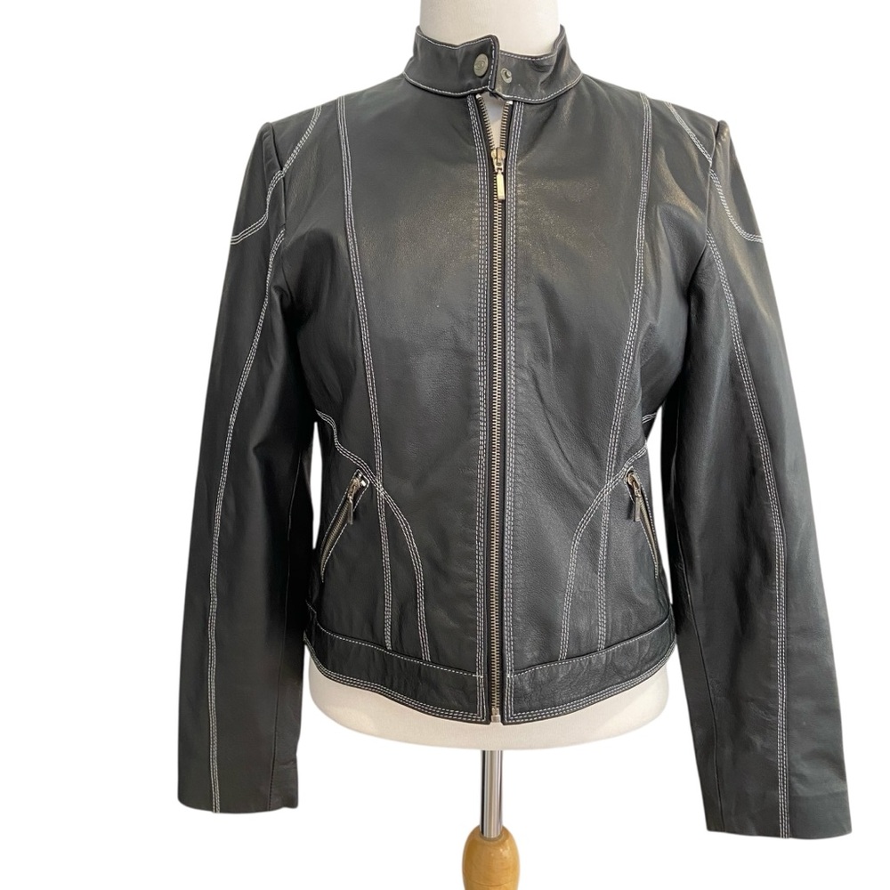 Bgn&Co black genuine leather biker jacket zip moto style white contrast stitch M